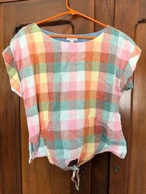 LL Bean linen Plaid Tie-Hem Top